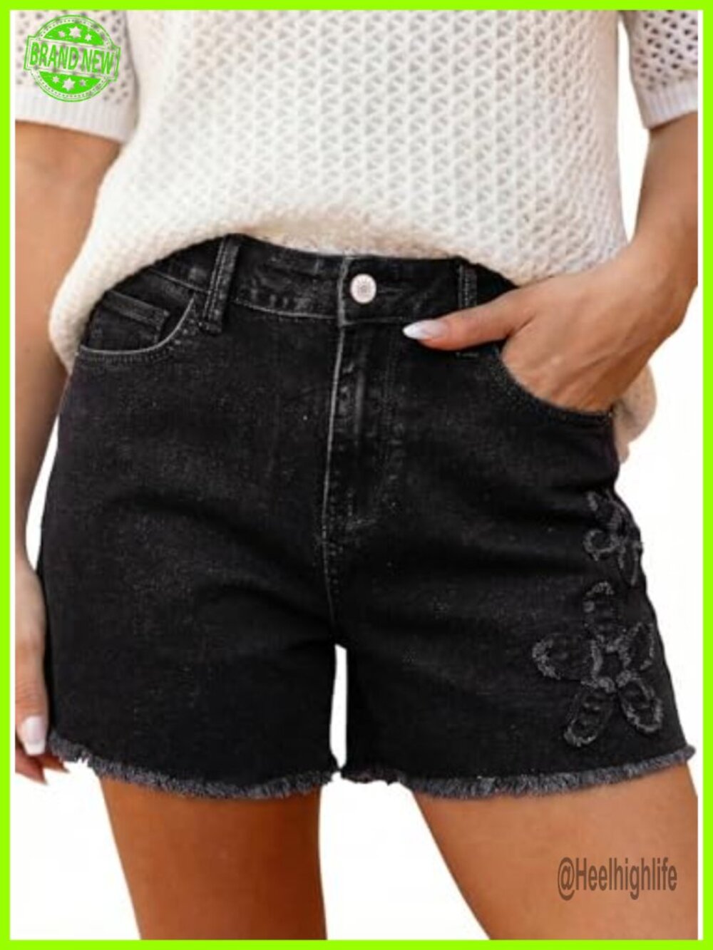 Floral Embroidered High Waisted Denim Jean Shorts Raw Edge Hem